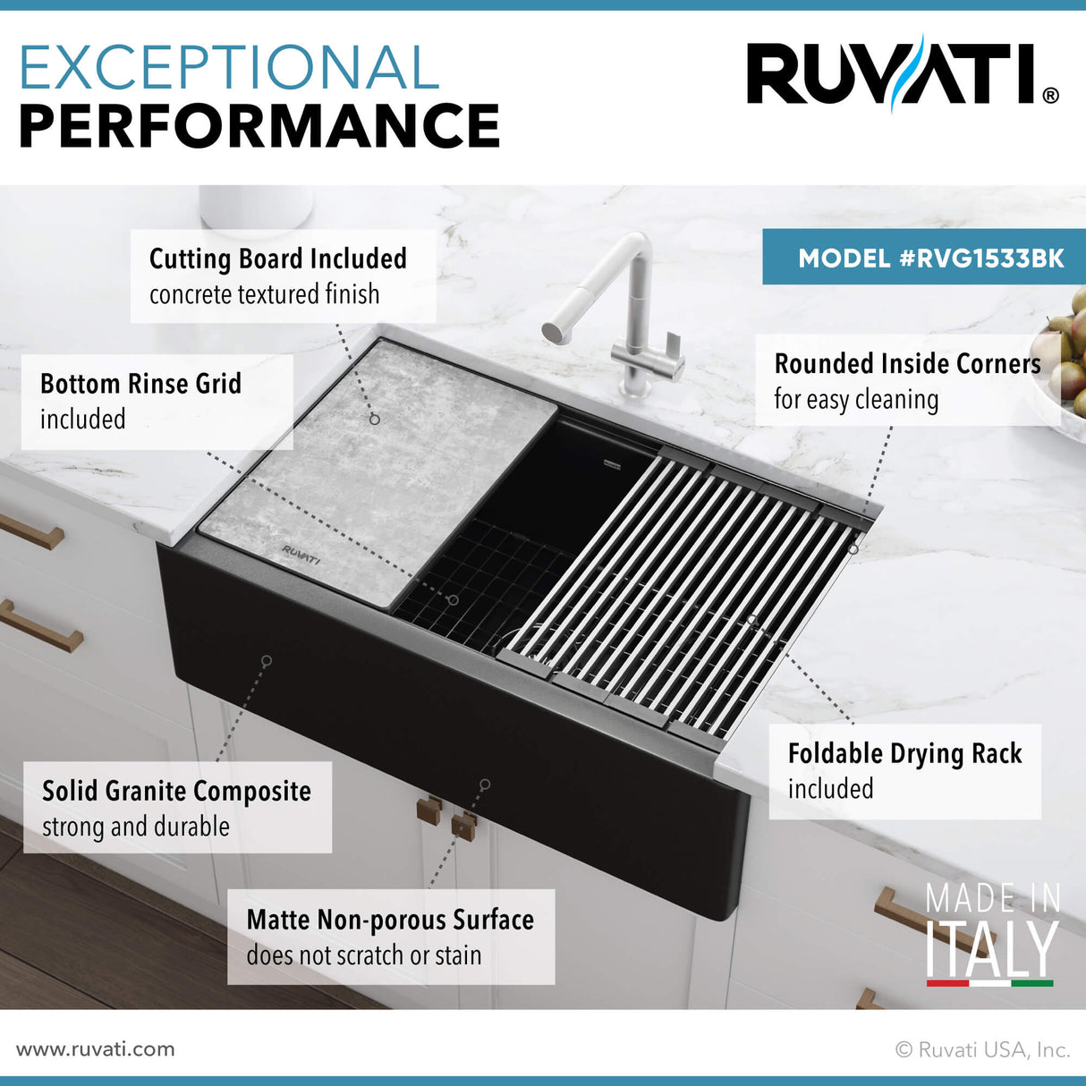 Ruvati 33-inch Matte Black Granite Farmhouse Workstation Apron-front Composite Kitchen Sink - RVG1533BK