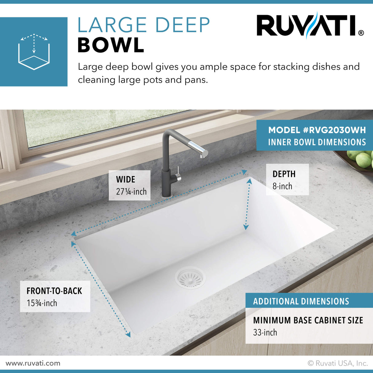 Ruvati 30 x 18 inch Granite Composite Undermount Single Bowl Kitchen Sink - Arctic White - RVG2030WH