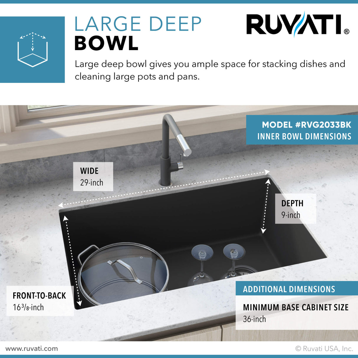 Ruvati 32 x 19 inch epiGranite Undermount Granite Composite Single Bowl Kitchen Sink - Midnight Black - RVG2033BK