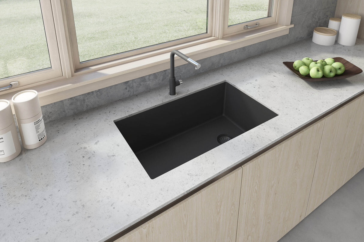 Ruvati 32 x 19 inch epiGranite Undermount Granite Composite Single Bowl Kitchen Sink - Midnight Black - RVG2033BK
