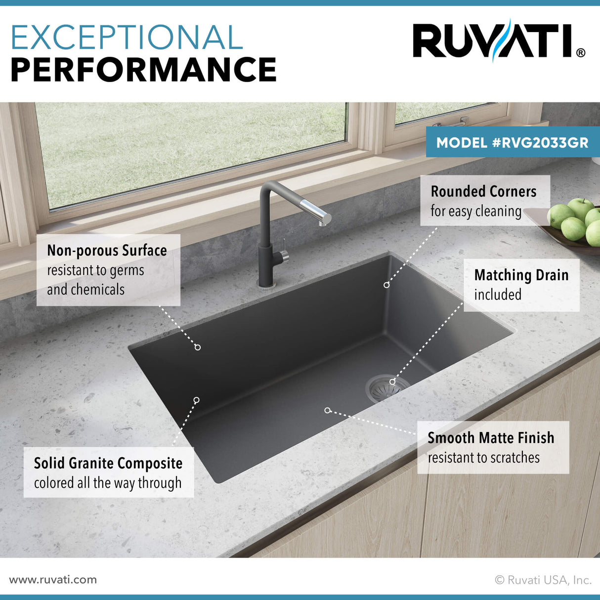 Ruvati 32 x 19 inch epiGranite Undermount Granite Composite Single Bowl Kitchen Sink - Silver Gray - RVG2033GR