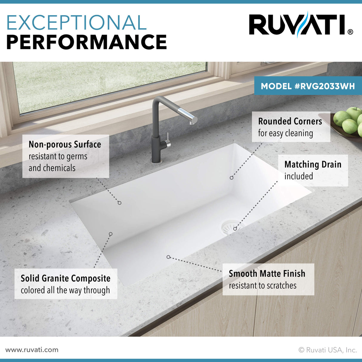 Ruvati 32 x 19 inch epiGranite Undermount Granite Composite Single Bowl Kitchen Sink - Arctic White - RVG2033WH