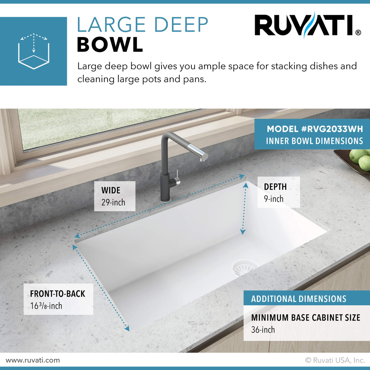 Ruvati 32 x 19 inch epiGranite Undermount Granite Composite Single Bowl Kitchen Sink - Arctic White - RVG2033WH
