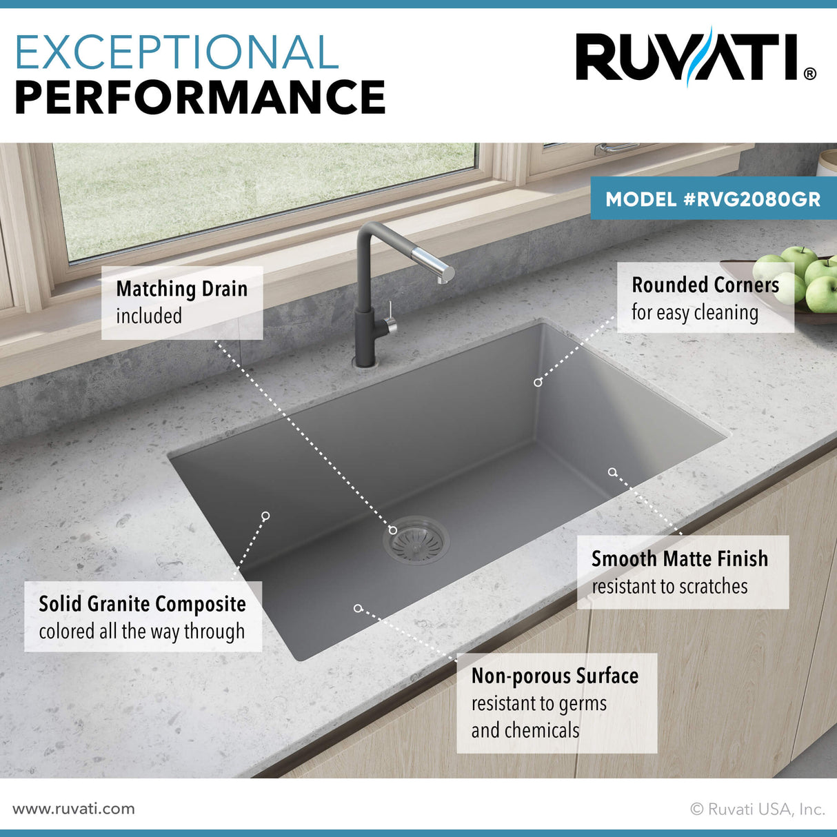 Ruvati 32 x 19 inch Granite Composite Undermount Single Bowl Kitchen Sink - Silver Gray - RVG2080GR