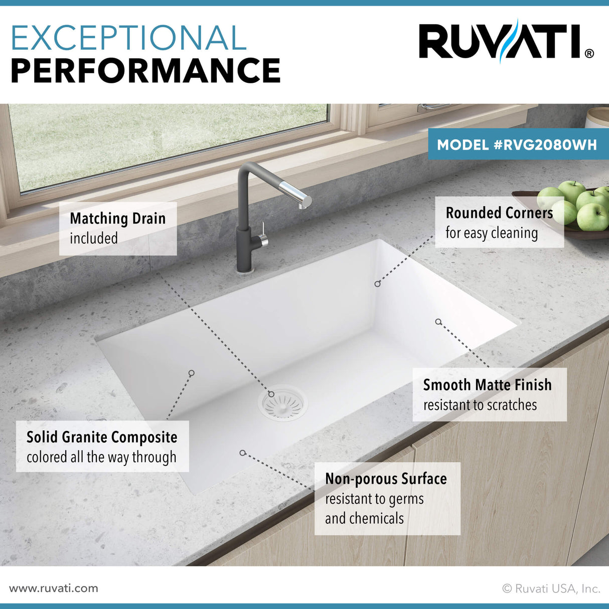 Ruvati 32 x 19 inch Granite Composite Undermount Single Bowl Kitchen Sink - Arctic White - RVG2080WH