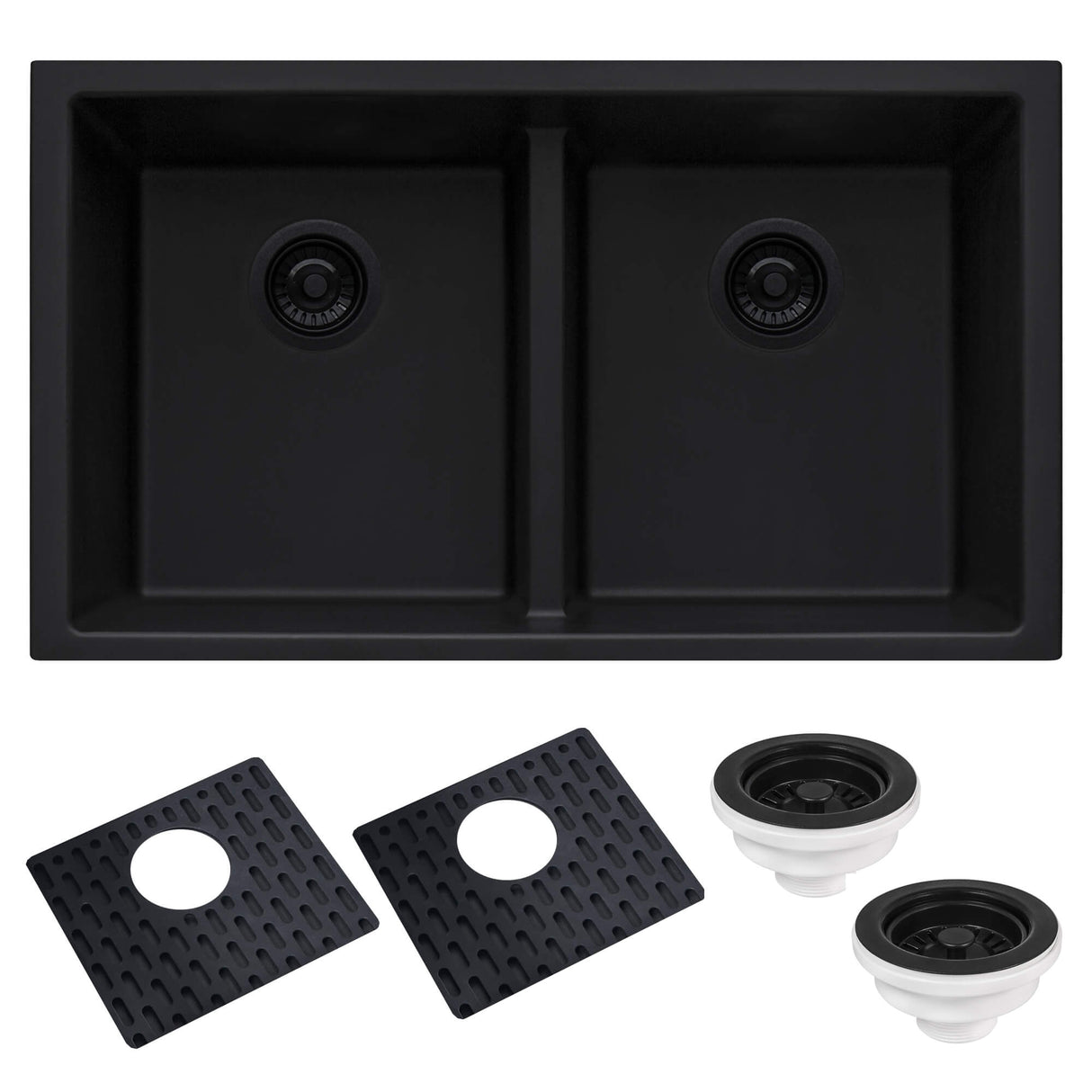 Ruvati 33 x 19 inch Granite Composite Undermount Low Divide Double Bowl Kitchen Sink - Midnight Black - RVG2385BK