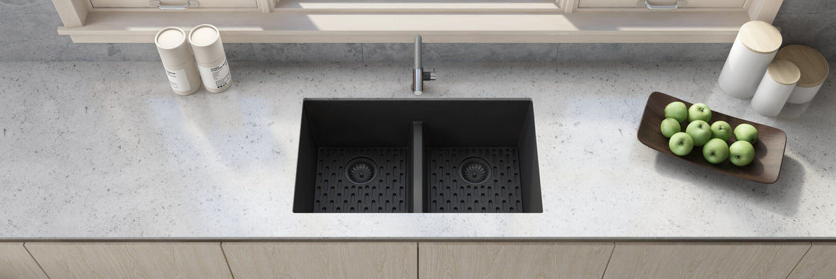 Ruvati 33 x 19 inch Granite Composite Undermount Low Divide Double Bowl Kitchen Sink - Midnight Black - RVG2385BK