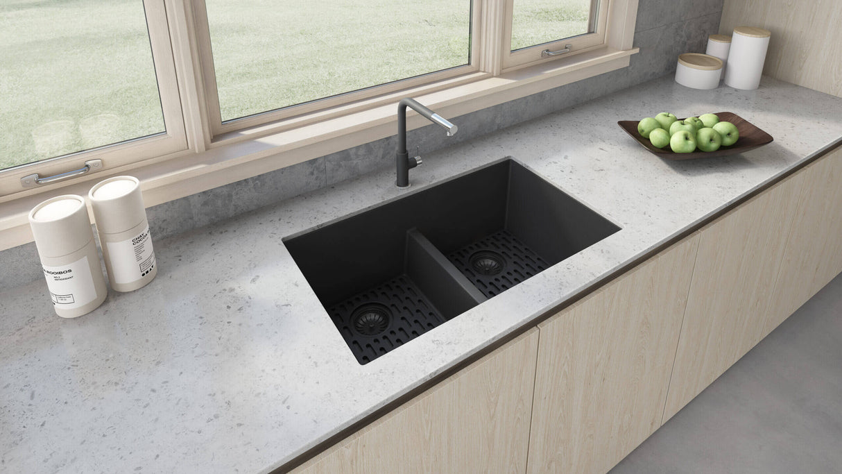 Ruvati 33 x 19 inch Granite Composite Undermount Low Divide Double Bowl Kitchen Sink - Midnight Black - RVG2385BK