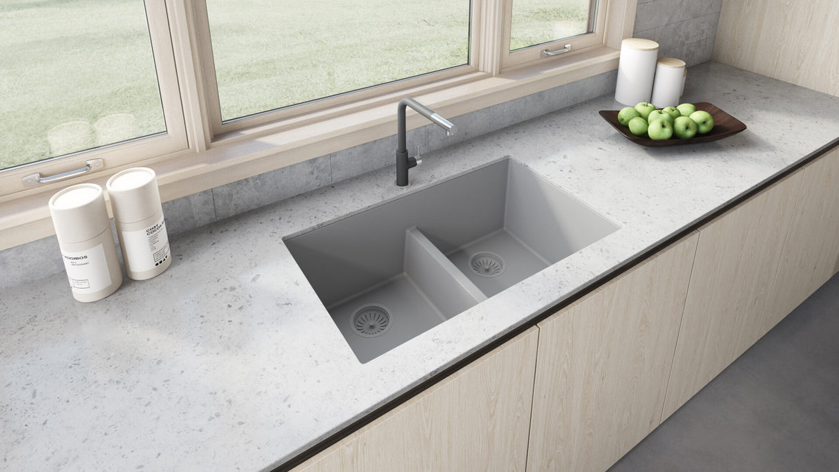 Ruvati 33 x 19 inch Granite Composite Undermount Double Bowl Low Divide Kitchen Sink - Silver Gray - RVG2385GR