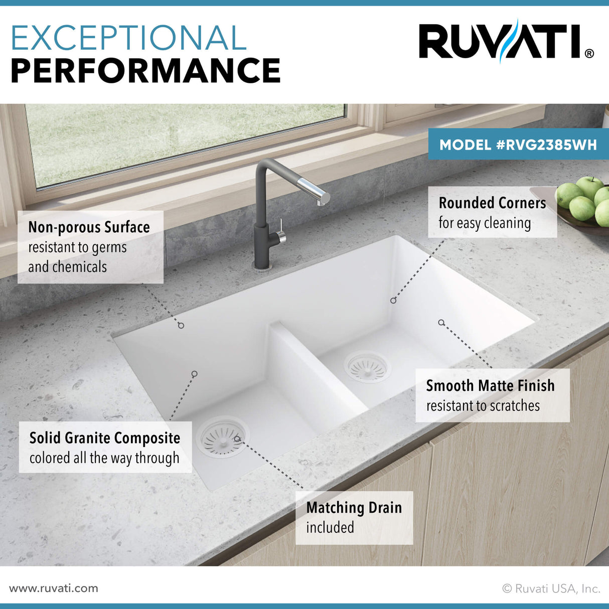 Ruvati 33 x 19 inch Granite Composite Undermount Double Bowl Low Divide Kitchen Sink - Arctic White - RVG2385WH