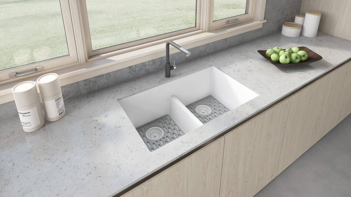 Ruvati 33 x 19 inch Granite Composite Undermount Double Bowl Low Divide Kitchen Sink - Arctic White - RVG2385WH