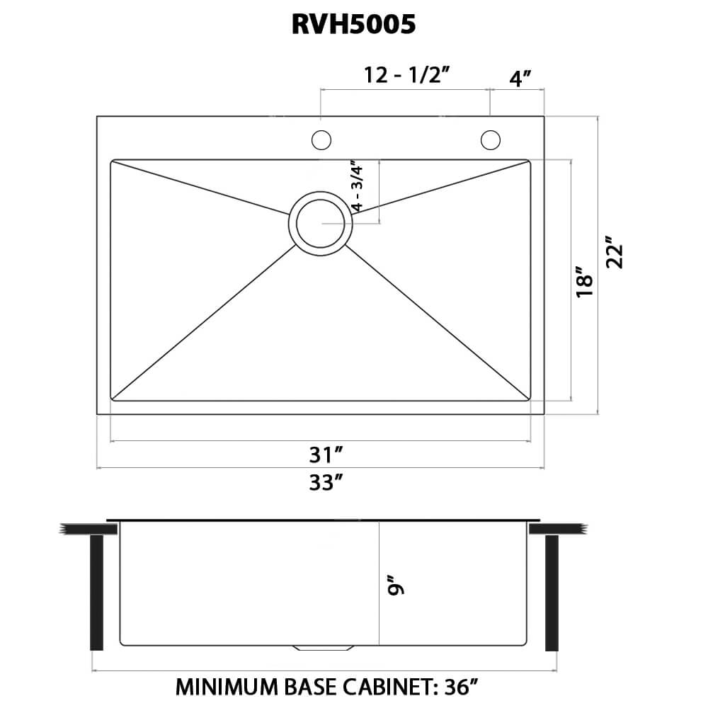 Ruvati 33 x 22 inch Gunmetal Black Stainless Steel Drop-in Topmount Kitchen Sink 16 Gauge Single Bowl - RVH5005BL
