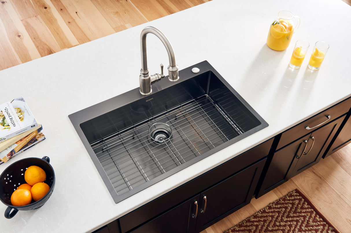 Ruvati 33 x 22 inch Gunmetal Black Stainless Steel Drop-in Topmount Kitchen Sink 16 Gauge Single Bowl - RVH5005BL