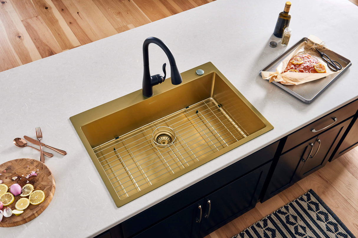 Ruvati 33 x 22 inch Satin Brass Matte Gold Stainless Steel Drop-in Topmount Kitchen Sink Single Bowl - RVH5005GG