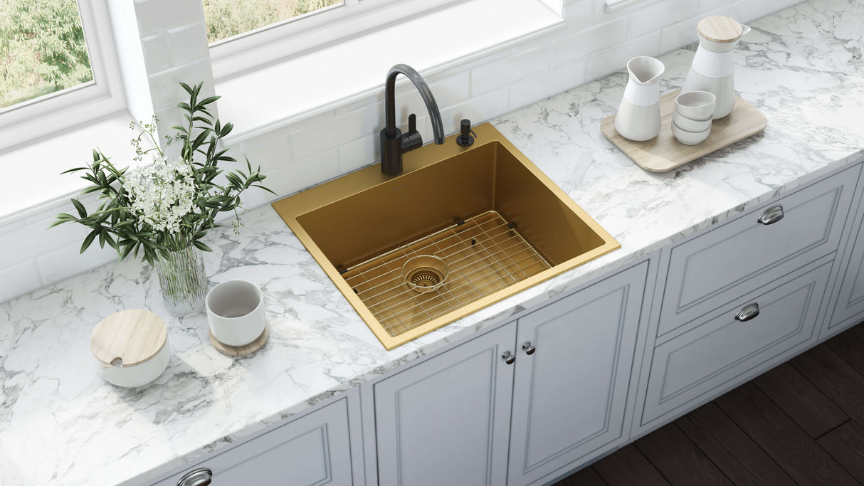 Ruvati 25 inch Polished Brass Matte Gold Drop-in Topmount Kitchen Sink Single Bowl - RVH5007GG
