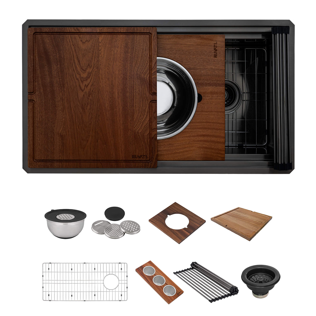 Ruvati 33-inch Gunmetal Black Stainless Steel Workstation Two-Tiered Ledge Kitchen Sink Undermount - RVH6222BL