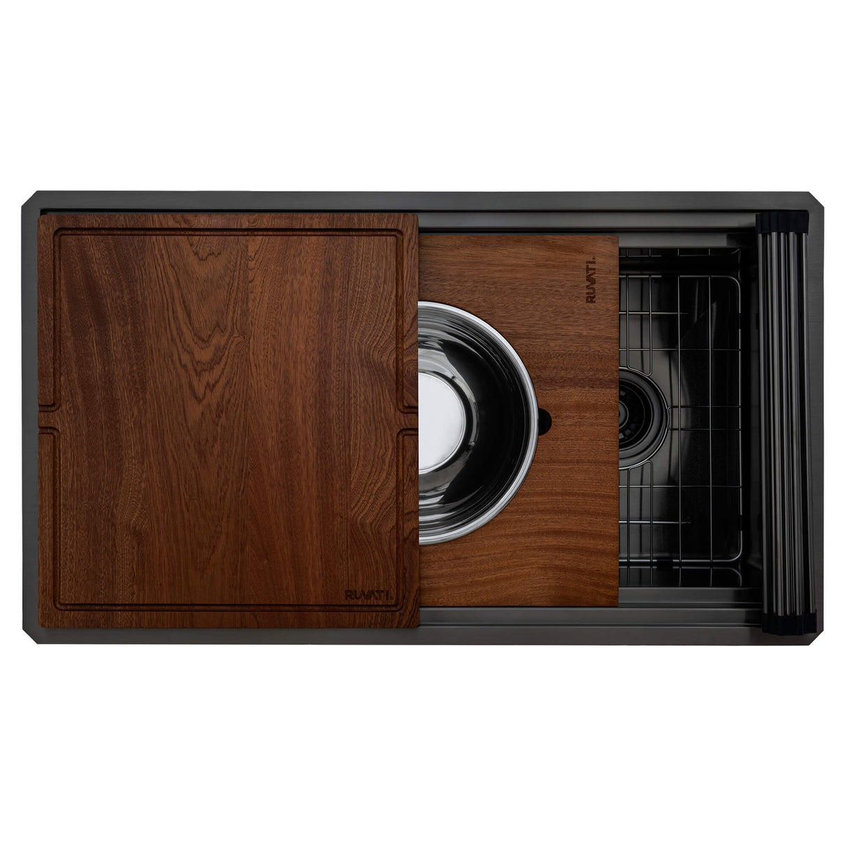 Ruvati 33-inch Gunmetal Black Stainless Steel Workstation Two-Tiered Ledge Kitchen Sink Undermount - RVH6222BL