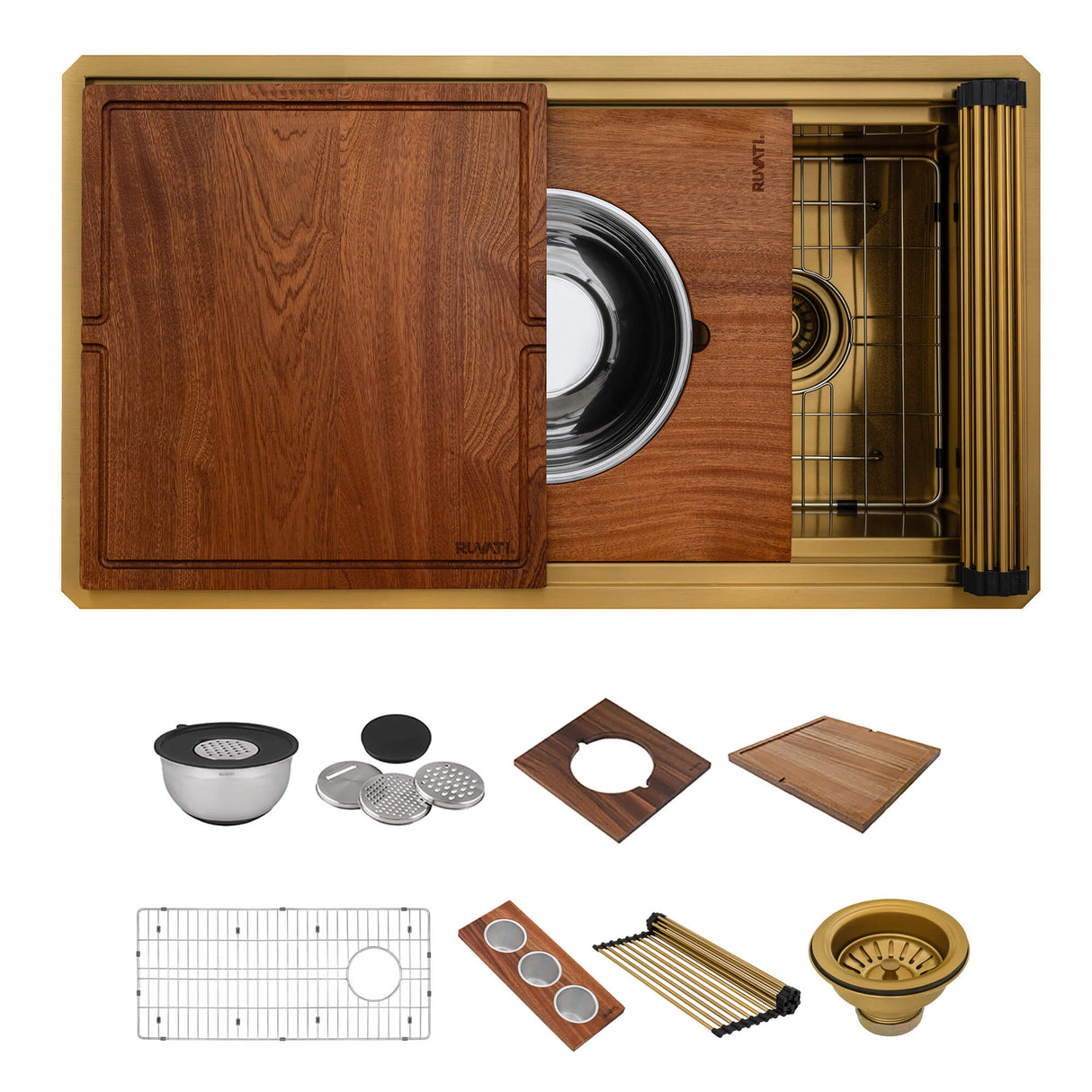 Ruvati 33-inch Polished Brass Matte Gold Stainless Steel Workstation Two-Tiered Ledge Undermount Kitchen Sink - RVH6222GG