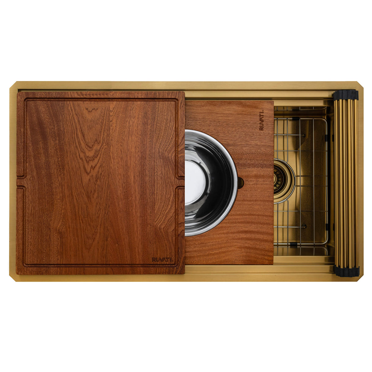 Ruvati 33-inch Polished Brass Matte Gold Stainless Steel Workstation Two-Tiered Ledge Undermount Kitchen Sink - RVH6222GG