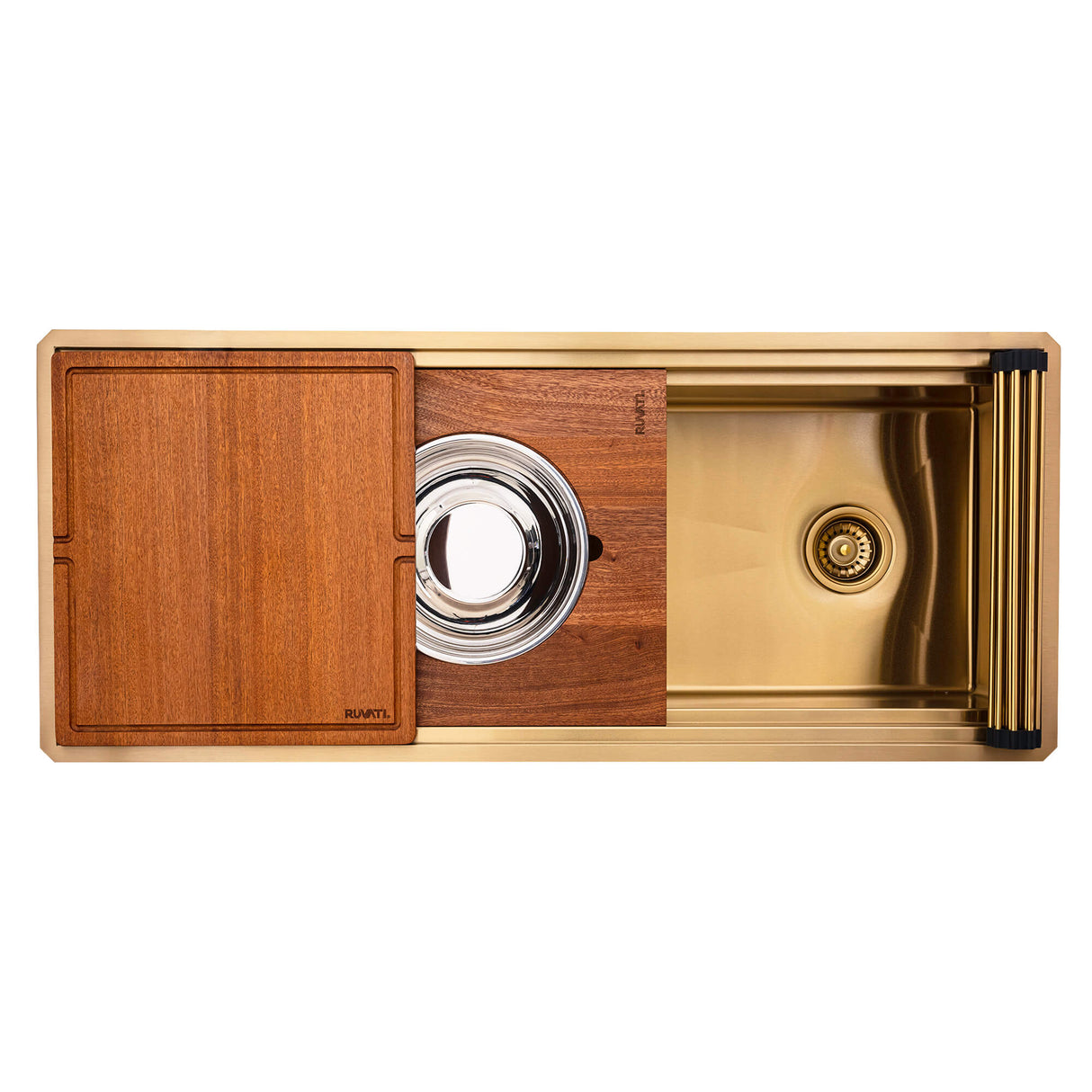 Ruvati 45-inch Polished Brass Matte Gold Stainless Steel Workstation Two-Tiered Ledge Undermount Kitchen Sink - RVH6333GG