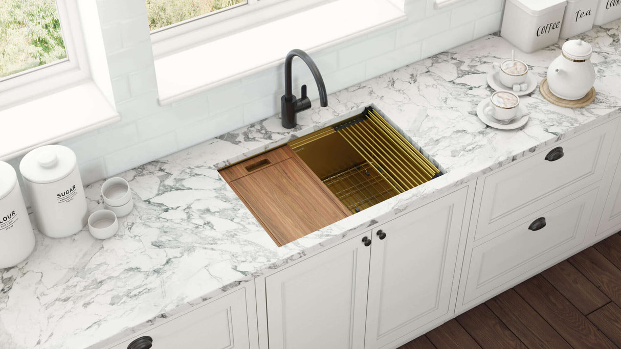 Ruvati 30-inch Polished Brass Matte Gold Workstation Undermount Kitchen Sink Single Bowl - RVH6530GG