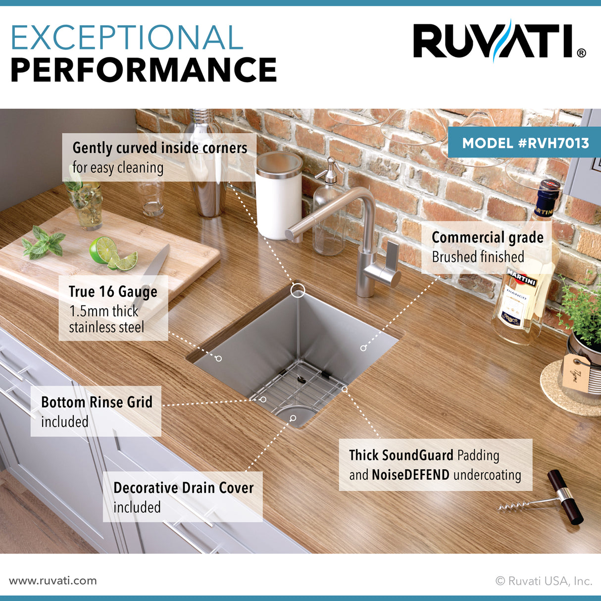 Ruvati 13 x 15 inch Undermount Bar Prep 16 Gauge Kitchen Sink Round Corners Stainless Steel Single Bowl - RVH7013
