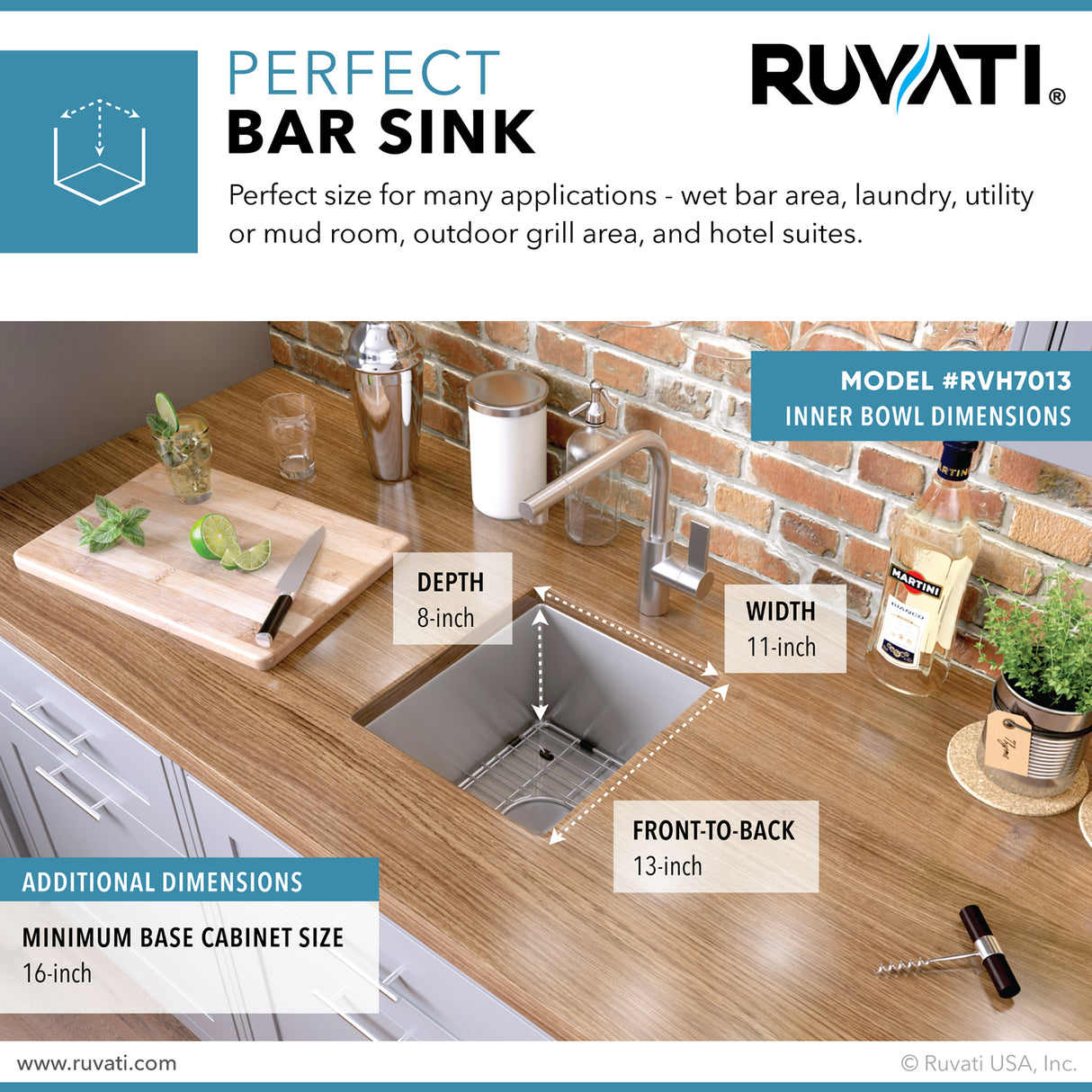 Ruvati 13 x 15 inch Undermount Bar Prep 16 Gauge Kitchen Sink Round Corners Stainless Steel Single Bowl - RVH7013