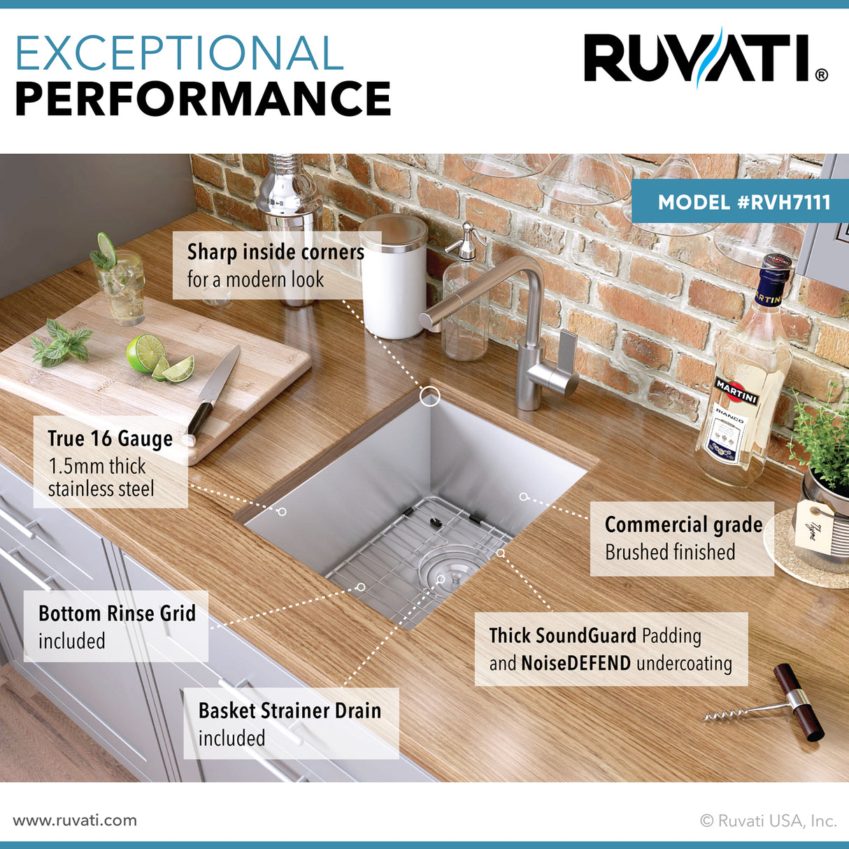 Ruvati 16-inch Undermount 16 Gauge Zero Radius Bar Prep Sink Stainless Steel Single Bowl - RVH7111