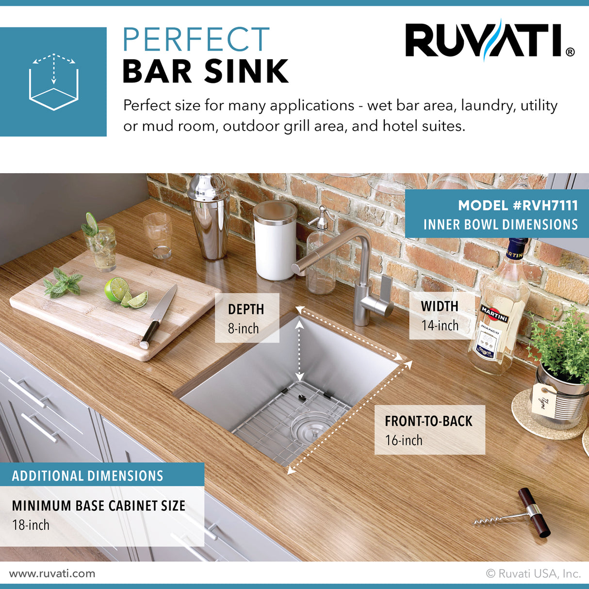 Ruvati 16-inch Undermount 16 Gauge Zero Radius Bar Prep Sink Stainless Steel Single Bowl - RVH7111