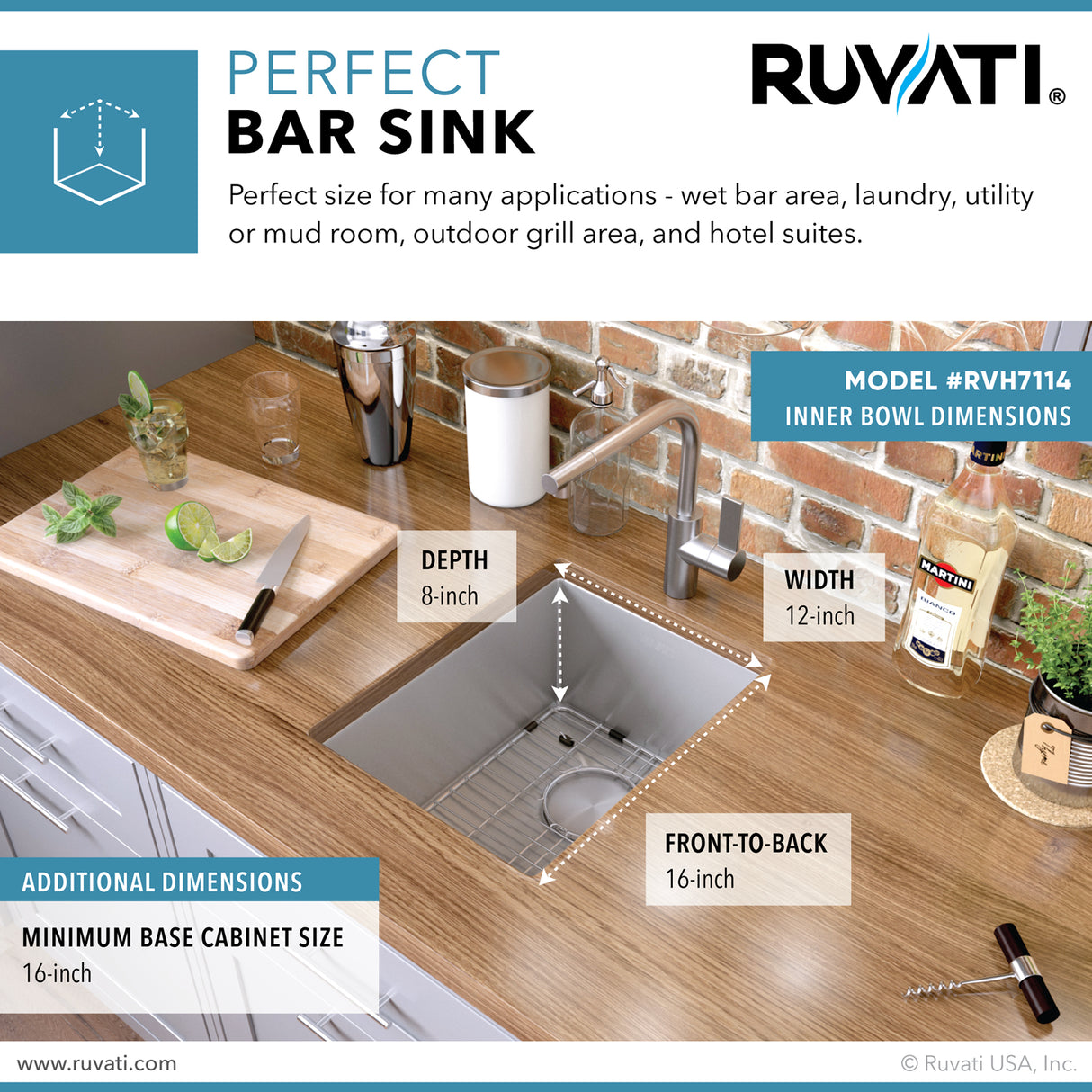 Ruvati 14-inch Undermount Bar Prep Sink 16 Gauge Rounded Corners Stainless Steel Single Bowl - RVH7114