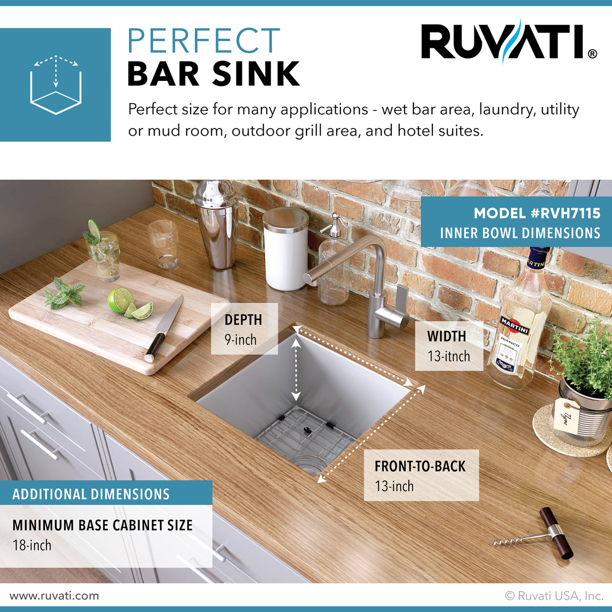 Ruvati 15 x 15 inch Undermount 16 Gauge Zero Radius Bar Prep Square Kitchen Sink Single Bowl - RVH7115