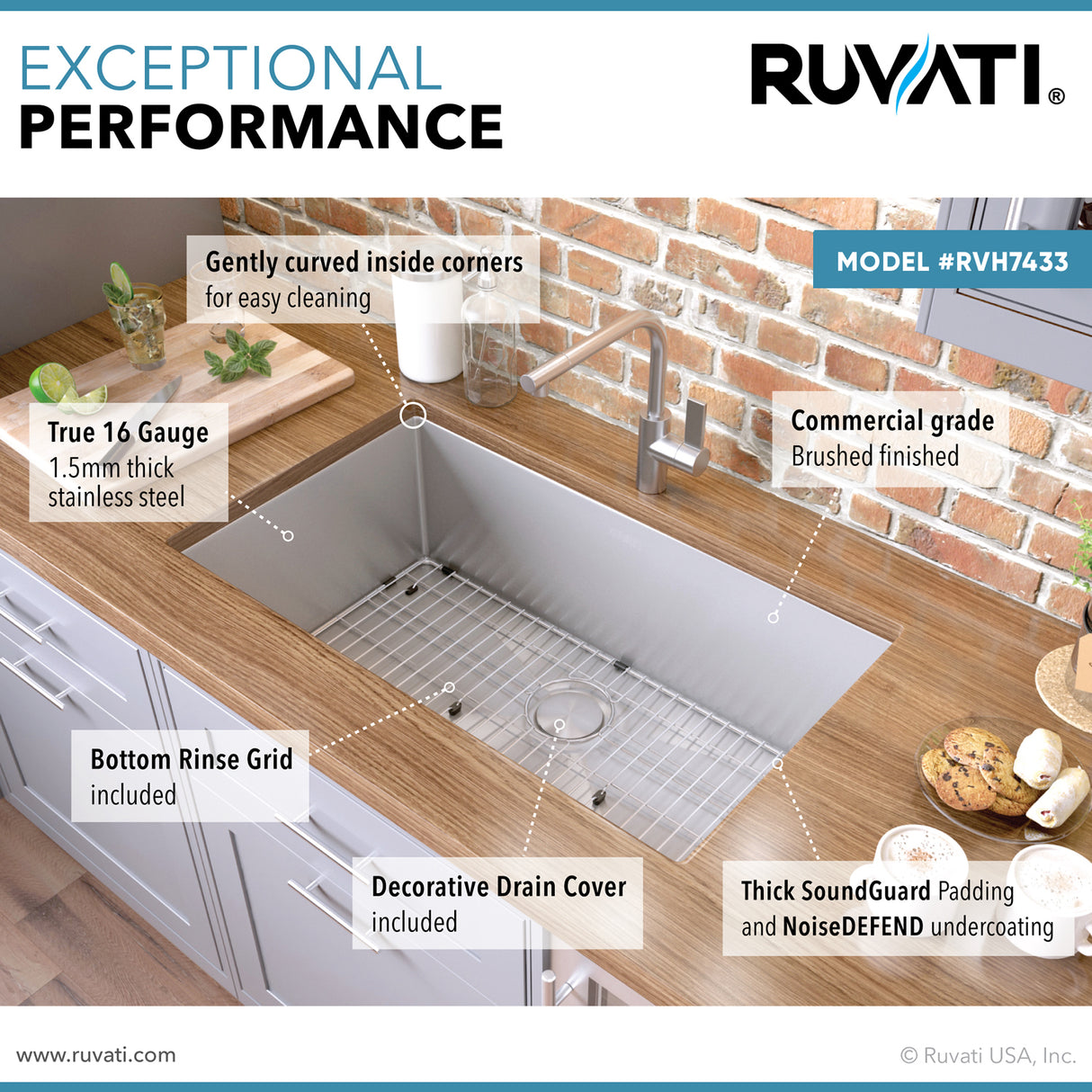 Ruvati 33-inch Undermount 16 Gauge Rounded Corners Large Kitchen Sink Stainless Steel Single Bowl - RVH7433