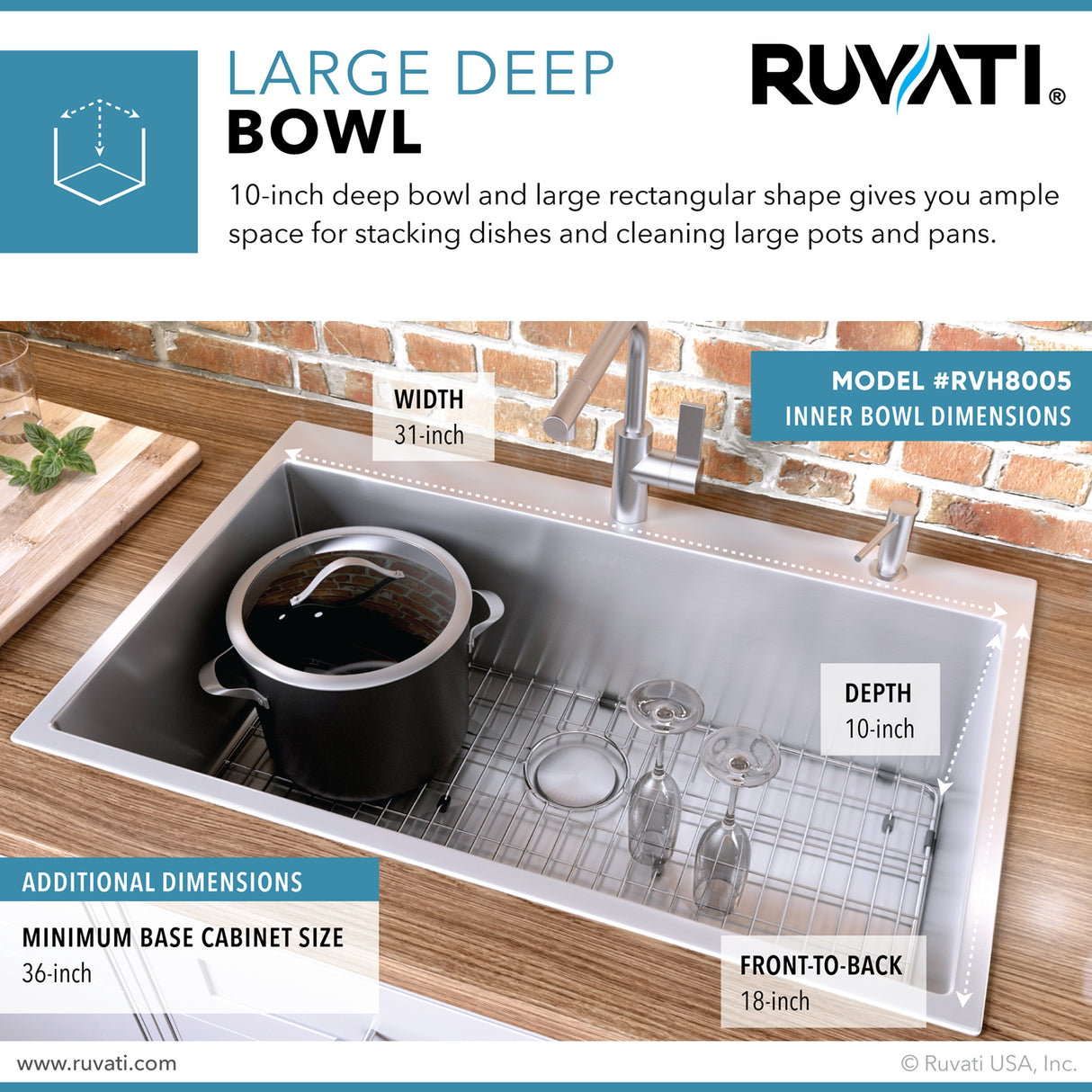 Ruvati 33 x 22 inch Drop-in 16 Gauge Stainless Steel Rounded Corners Topmount Kitchen Sink Single Bowl - RVH8005