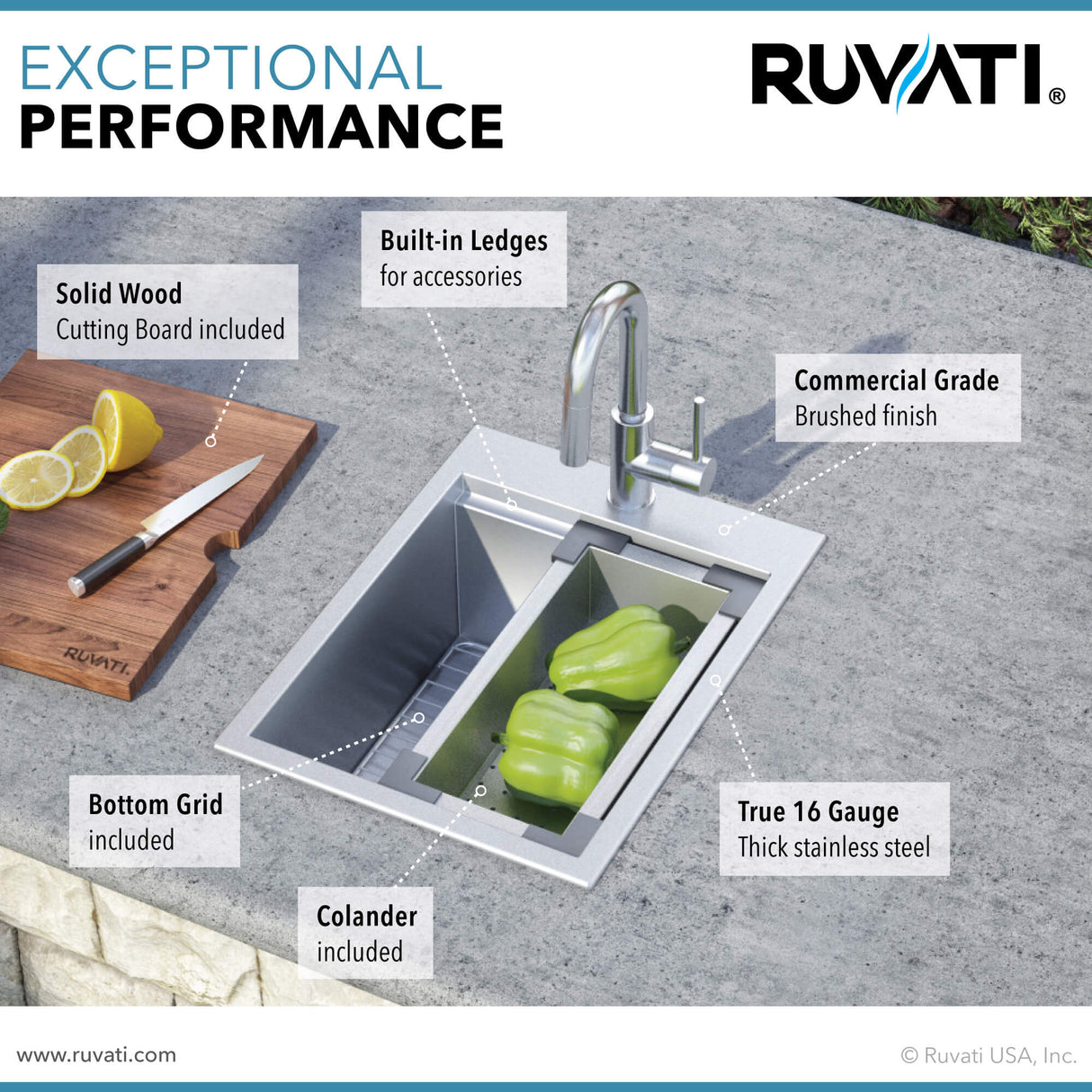 Ruvati 15 x 20 inch Workstation Drop-in Topmount Bar Prep RV Sink 16 Gauge Stainless Steel - RVH8210