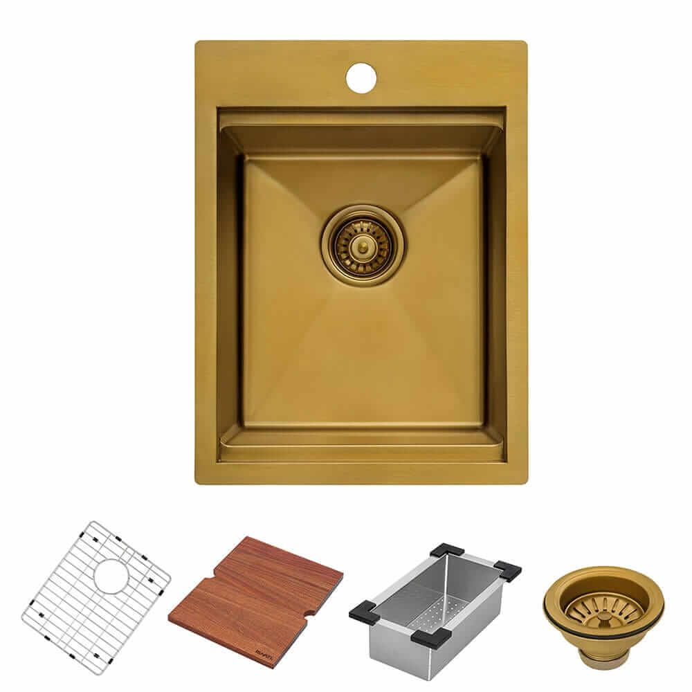 Ruvati 15 x 20 inch Polished Brass Matte Gold Stainless Steel Workstation Wet Bar Sink Drop-in Topmount - RVH8210GG