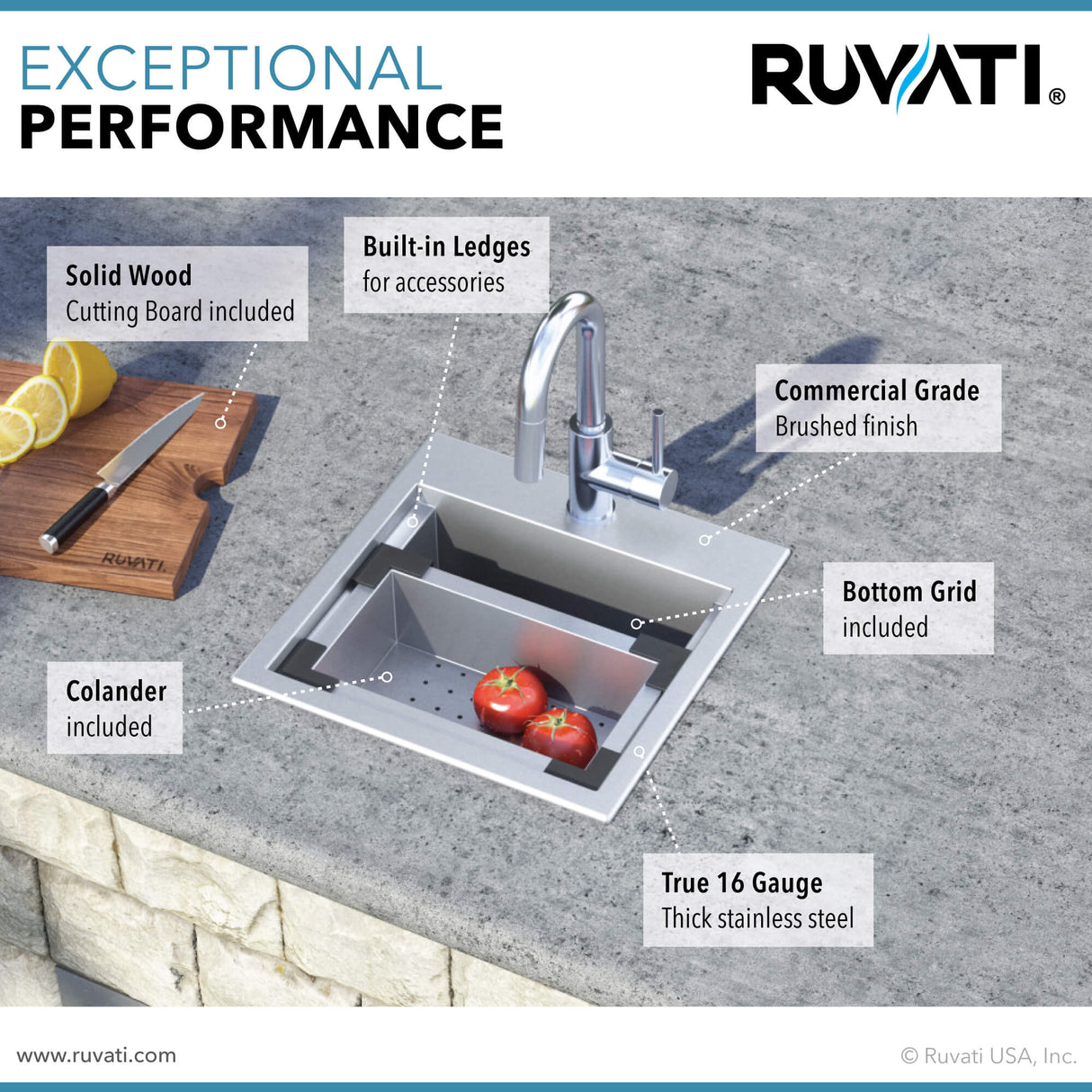 Ruvati 15 x 15 inch Workstation Drop-in Topmount Bar Prep RV Sink 16 Gauge Stainless Steel - RVH8215
