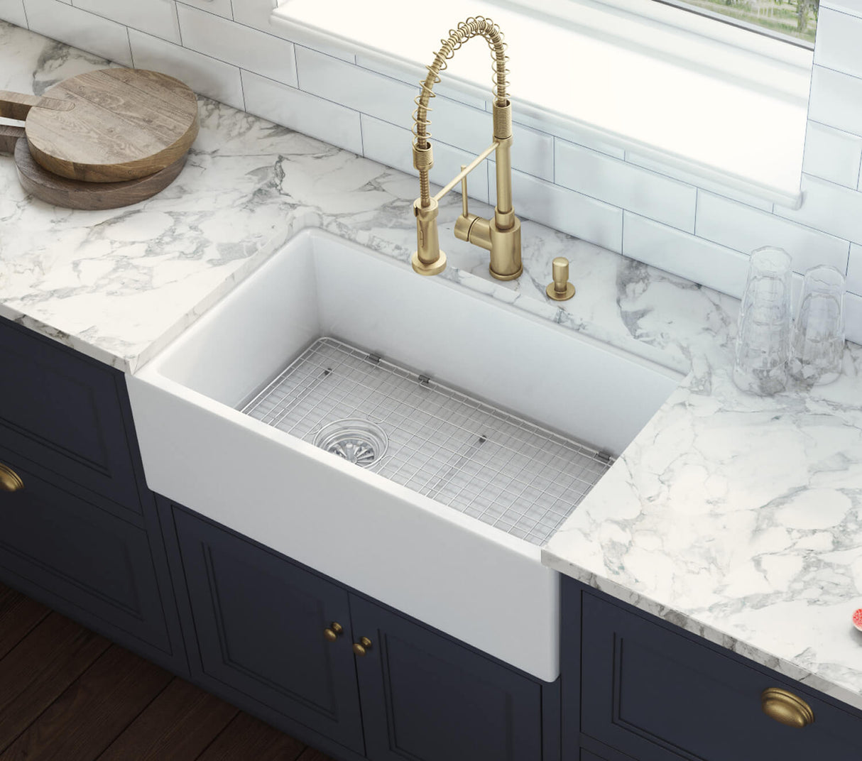Ruvati 30-inch Fireclay Farmhouse Offset Drain Kitchen Sink Single Bowl White - Left Drain - RVL2018WL