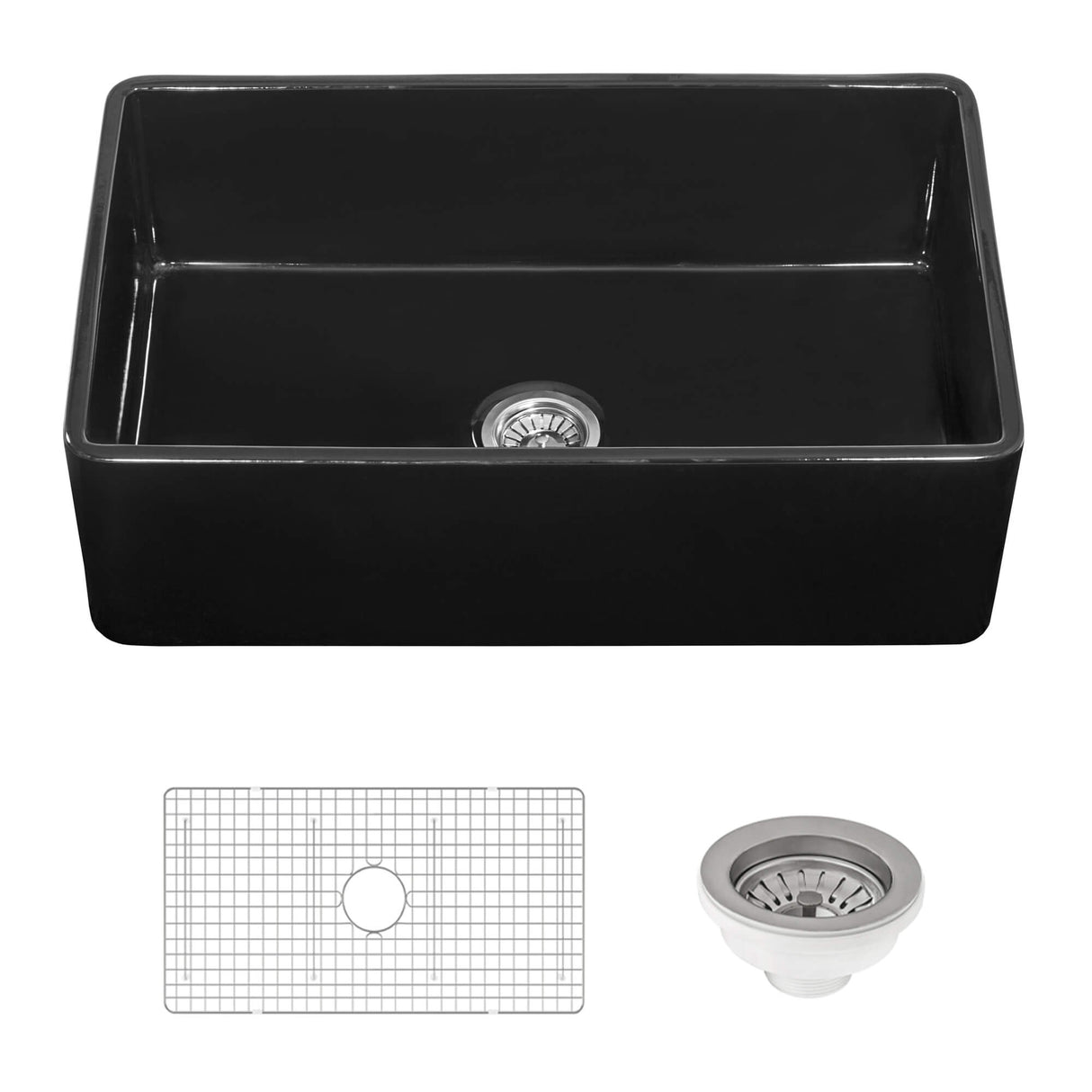 Ruvati 30 x 20 inch Fireclay Reversible Farmhouse Apron-Front Kitchen Sink Single Bowl - Glossy Black - RVL2100BK