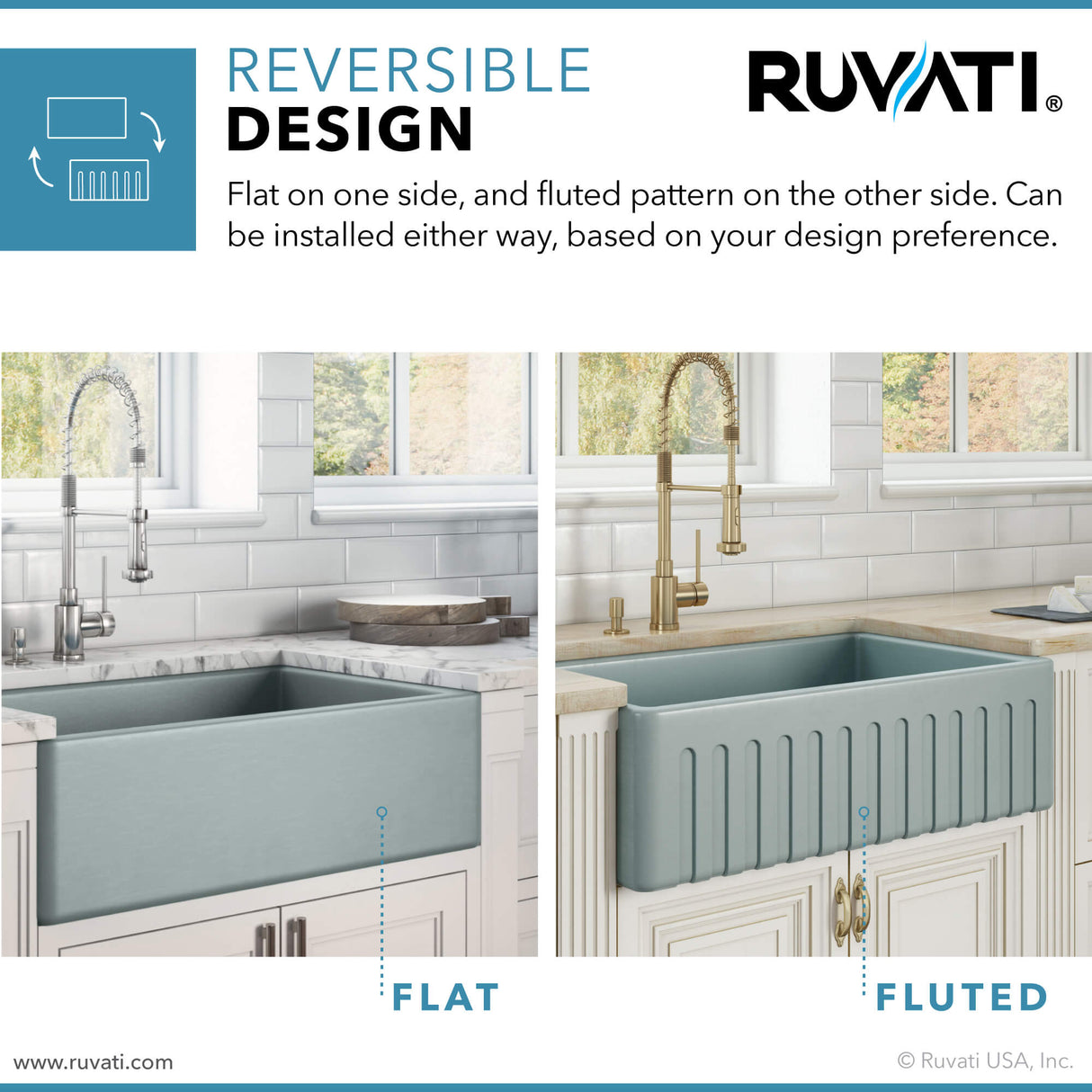 Ruvati 30 x 20 inch Fireclay Reversible Farmhouse Apron-Front Kitchen Sink Single Bowl - Horizon Gray - RVL2100GR