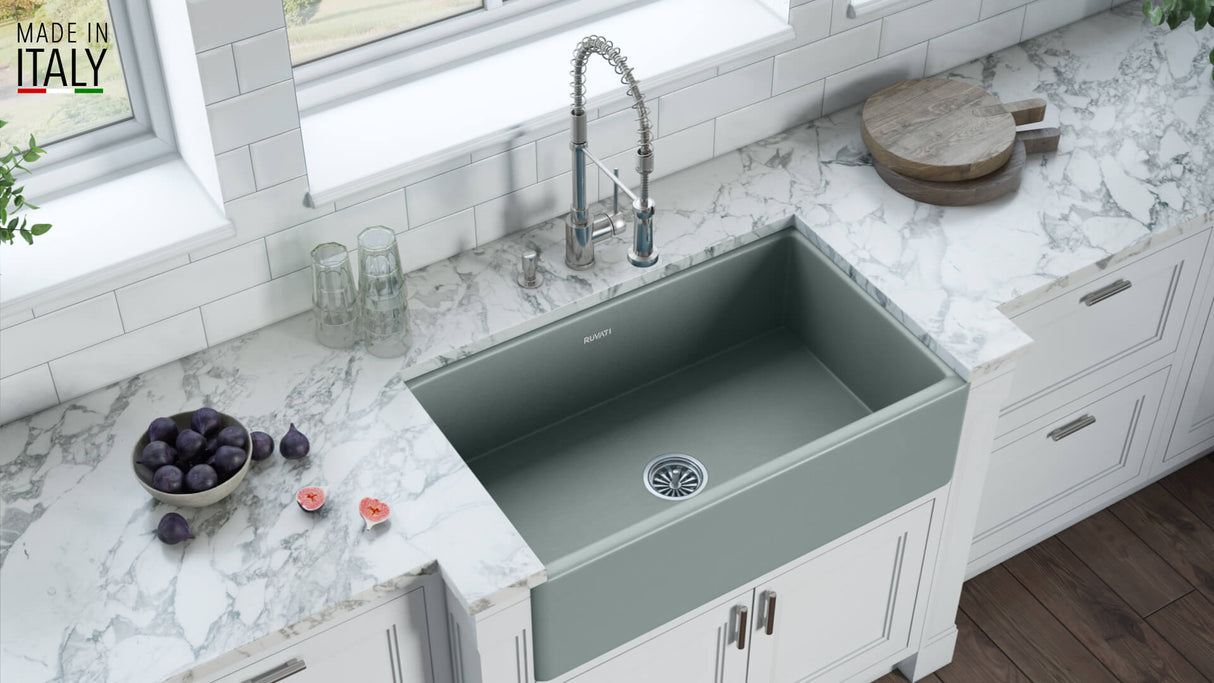 Ruvati 33 x 20 inch Fireclay Reversible Farmhouse Apron-Front Kitchen Sink Single Bowl - Horizon Gray - RVL2300GR