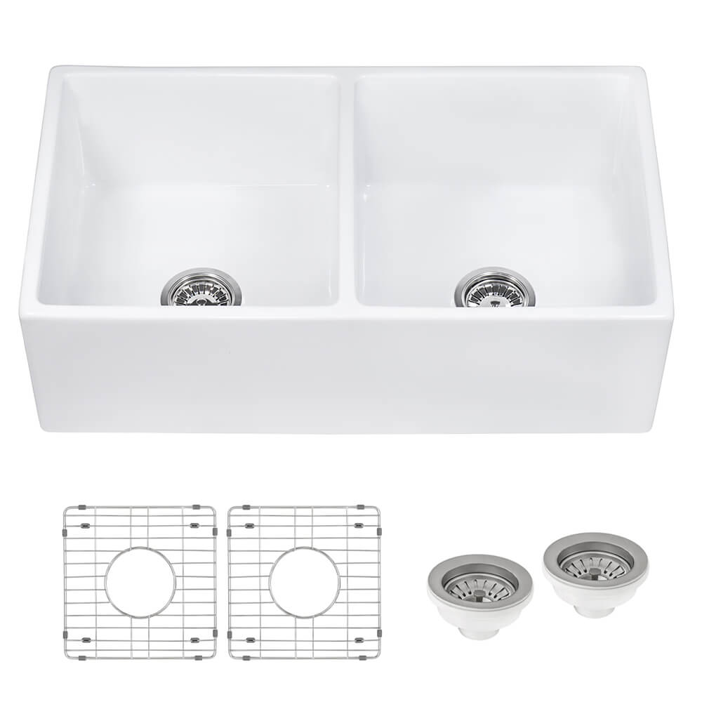 Ruvati 33 x 18 inch Fireclay Farmhouse Apron-Front Kitchen Sink Double Bowl - White - RVL2311WH