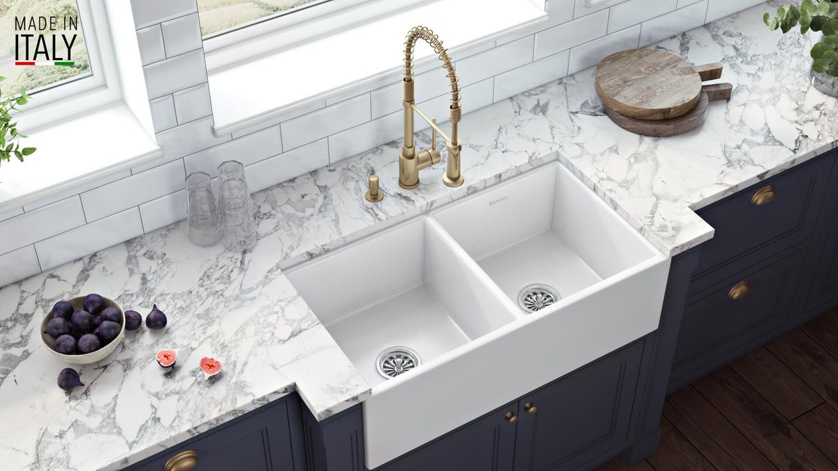 Ruvati 33 x 18 inch Fireclay Farmhouse Apron-Front Kitchen Sink Double Bowl - White - RVL2311WH