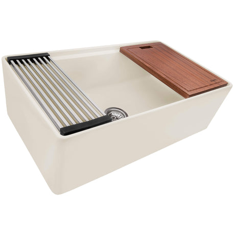 Ruvati 33 inch Fireclay Workstation Farmhouse Kitchen Sink Apron Front Single Bowl Biscuit Sand - RVL2387BS