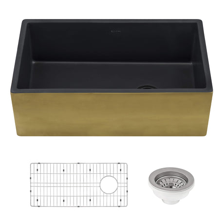 Ruvati 30-inch Matte Black and Brushed Gold Fireclay Modern Farmhouse Kitchen Sink Single Bowl - RVL4018GRG