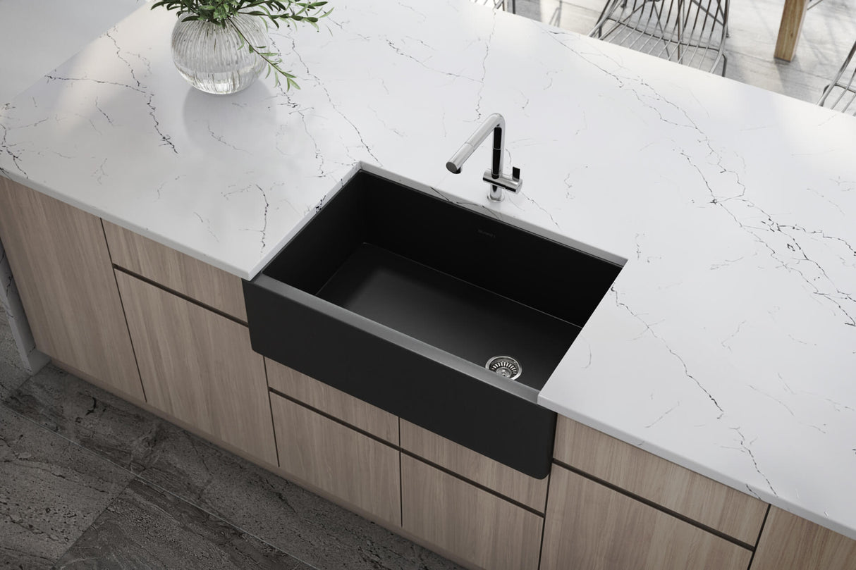 Ruvati 30-inch Matte Black Fireclay Modern Farmhouse Offset Drain Kitchen Sink Single Bowl - RVL4018MBK