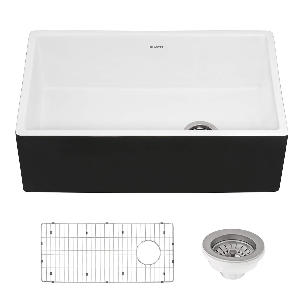 Ruvati Black and White 30-inch Fireclay Farmhouse Offset Drain Kitchen Sink Single Bowl - RVL4018RBW