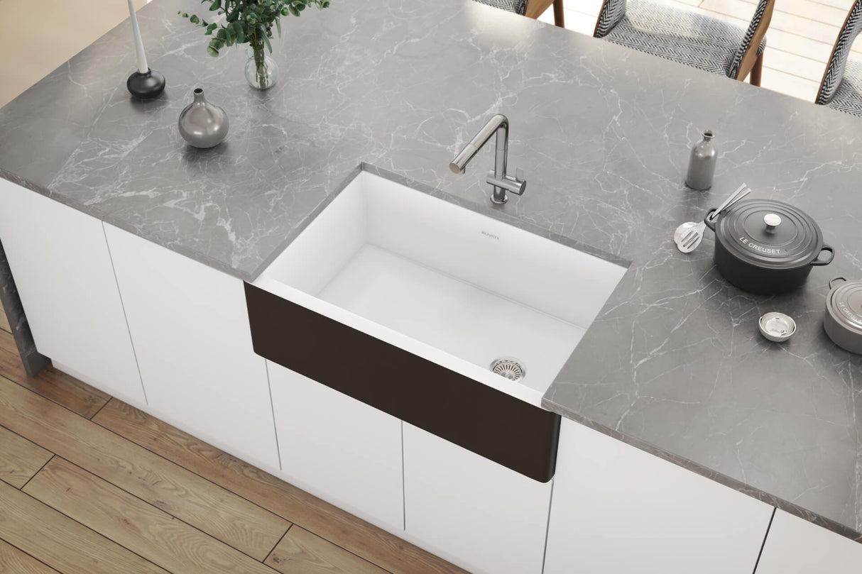 Ruvati Black and White 30-inch Fireclay Farmhouse Offset Drain Kitchen Sink Single Bowl - RVL4018RBW