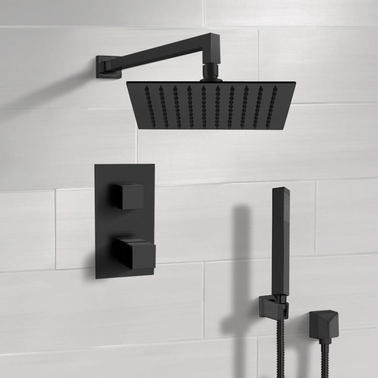 Matte Black Thermostatic Shower Set with Rain Shower Head and Hand Shower