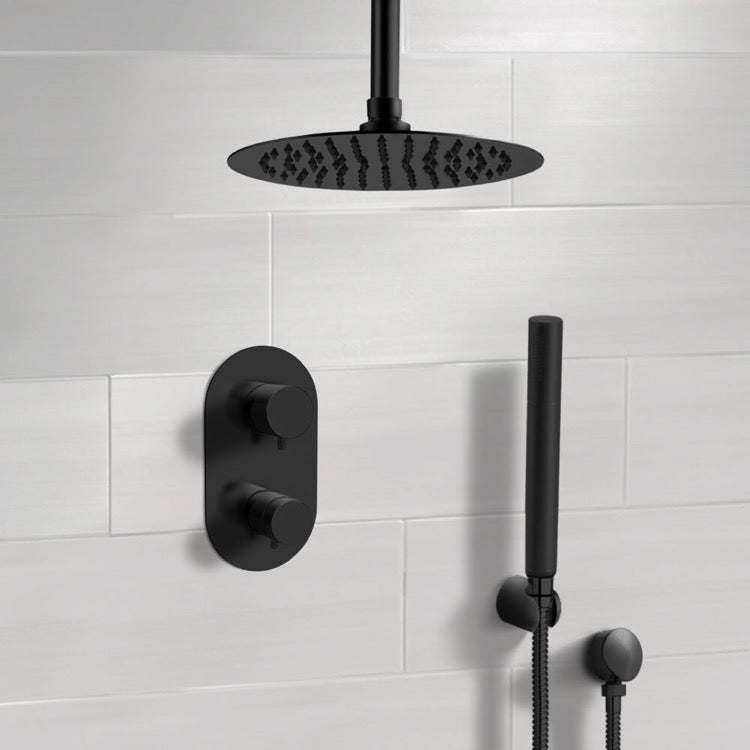 Matte Black Thermostatic Ceiling Shower System with 12" Rain Shower Head and Hand Shower