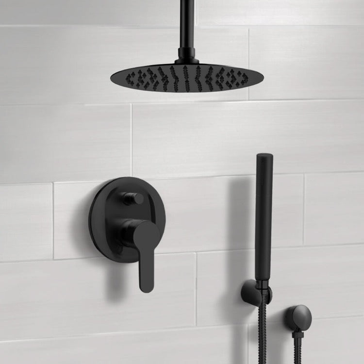 Matte Black Ceiling Shower System With 12" Rain Shower Head and Hand Shower